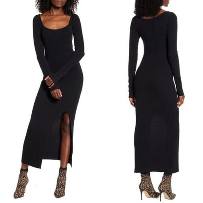 Leith Ribbed Side Slit Sweater Dress Long Sleeve Square Neck Black LIGHT Small