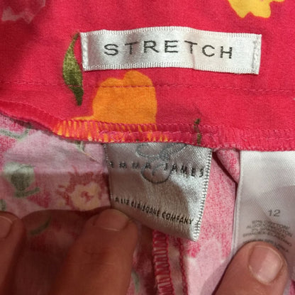 Emma James Stretch Capris Pant Pleated Front Bright Pink Floral Cotton Size 12