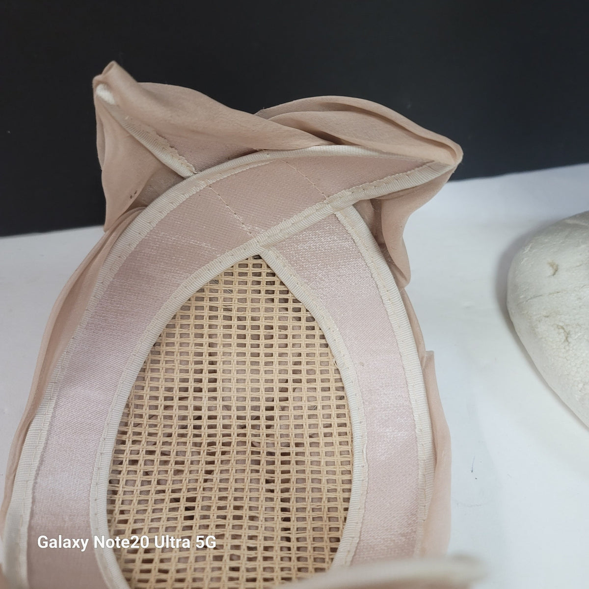 Vintage Union Made Delicate Beige Chiffon Juliet Turban Style Hat Flat Bow