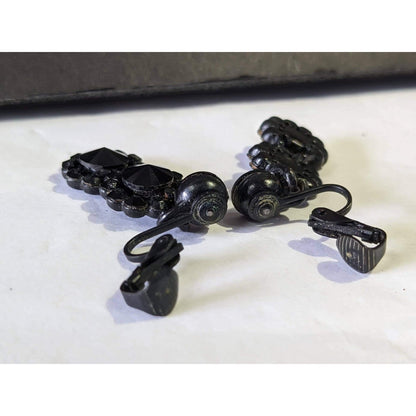 Vintage Black Glass Mourning Stud Dangle Clip On Earrings