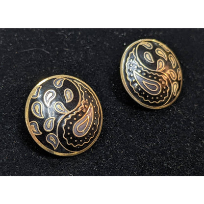 Paisley Yin Yang Earrings Black and Silver on Gold Tone Post 1 Inch Rounded