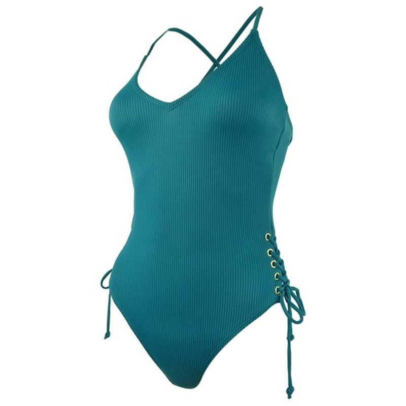 California Waves NWT Ribbed Lace Up High Leg One Piece Swimsuit Teal Small