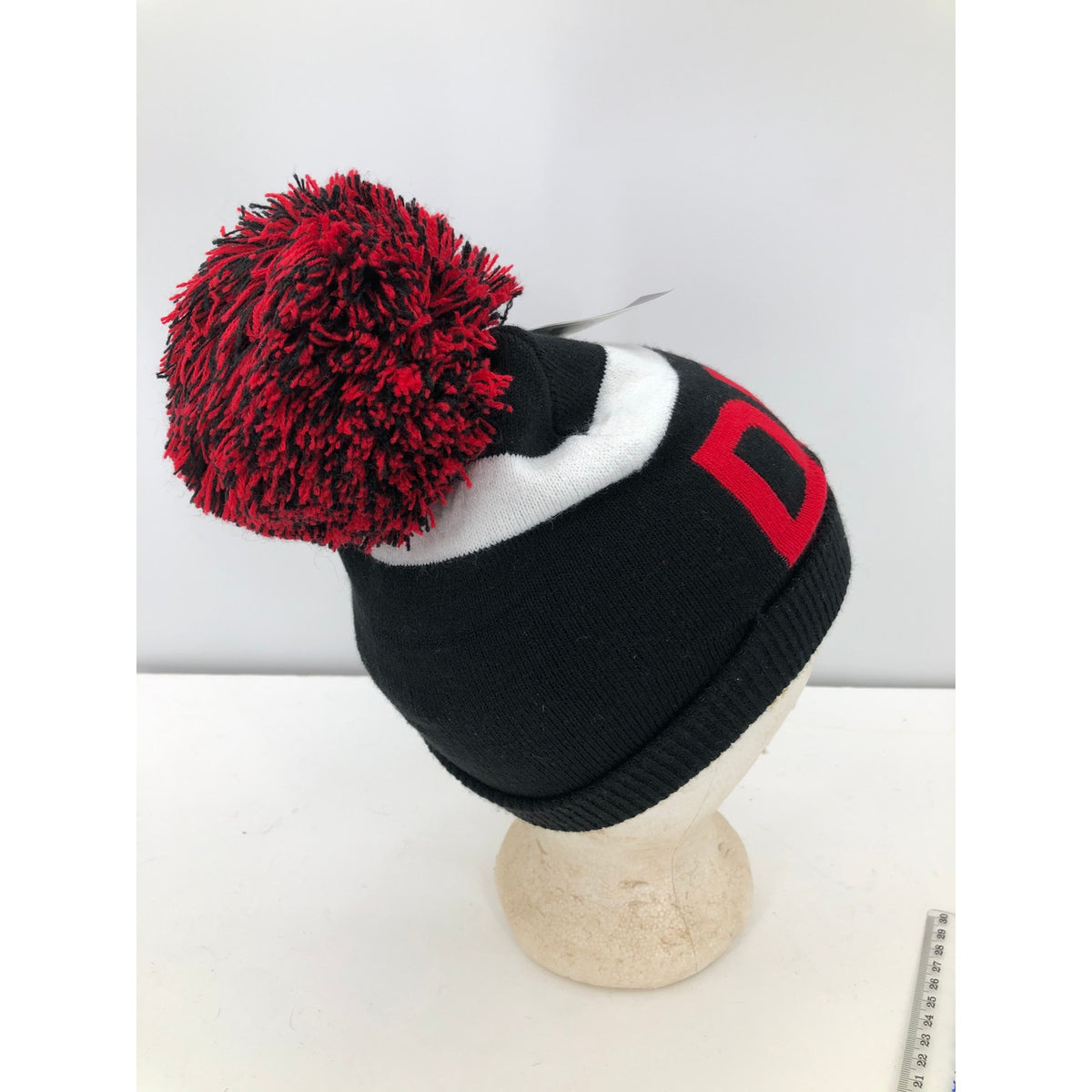 DKNY Women's Logo Stadium Beanie With PomPom Red/black hat Warmer