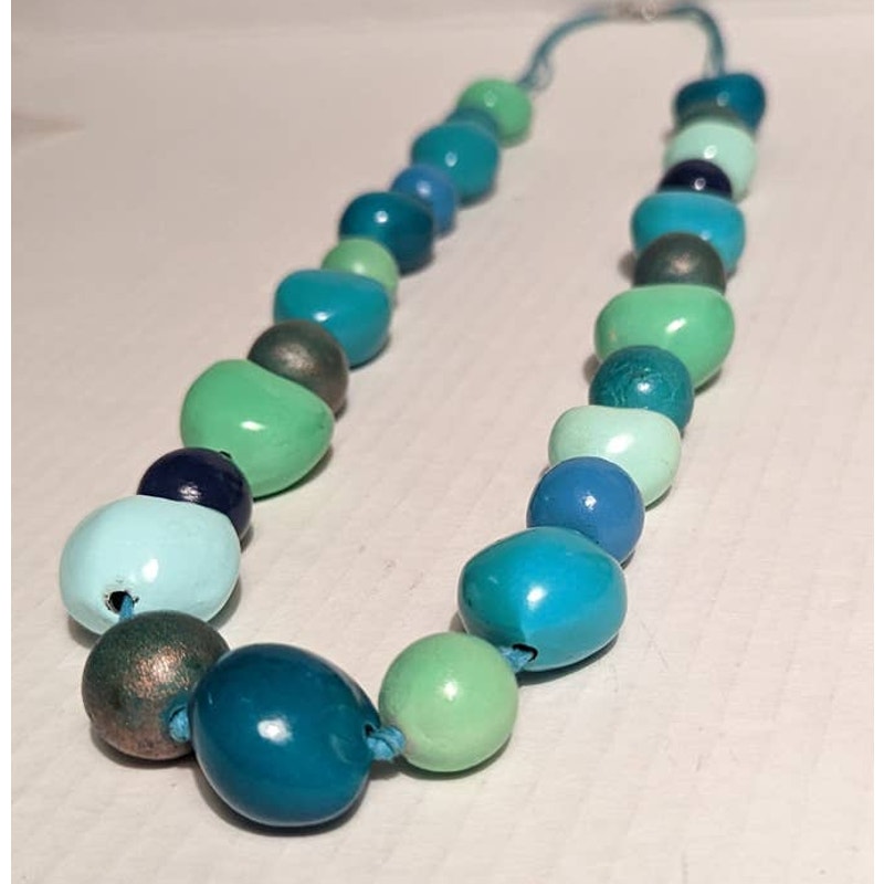 Vintage Costume Jewelry Wooden Nuts Seed Beaded Blue Green Chunky Necklace Faded