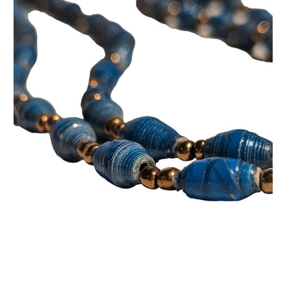 Vintage Costume Jewelry Magazine Handmade Rolled Paper Beads Necklace Blue Clasp