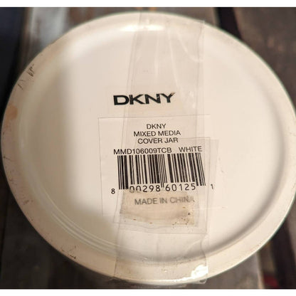 DKNY Faux Marble Jar with Gold Tone Lid Mixed Media Cover White Gray Black NWT