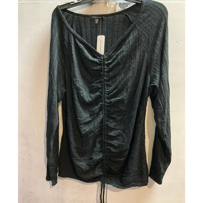 Curvy Sense Women's Top Plus 3X Black NEW Ruched Drawstring V-Neck Long Sleeve
