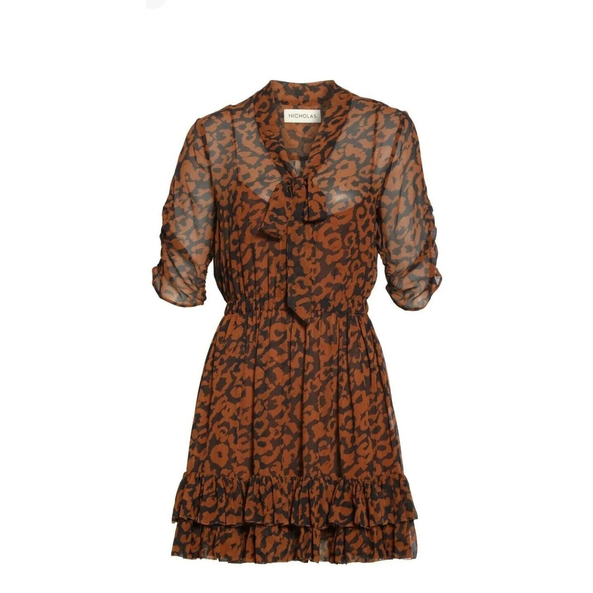 NICHOLAS Leopard Print Neck Tie MINI Flare Ruffle Dress SIZE 4 Blk/brown NEW
