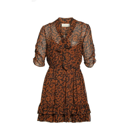 NICHOLAS Leopard Print Neck Tie MINI Flare Ruffle Dress SIZE 4 Blk/brown NEW