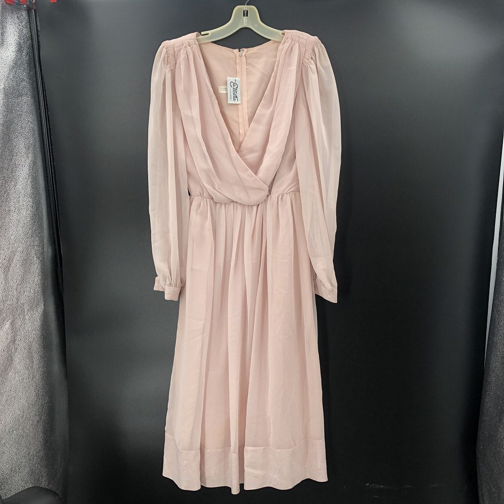 Miss Elliette Vintage 1990s Puff Sleeve Faux Wrap Pleated Dress Pink Medium
