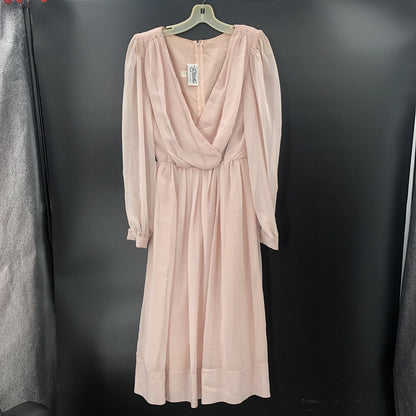 Miss Elliette Vintage 1990s Puff Sleeve Faux Wrap Pleated Dress Pink Medium