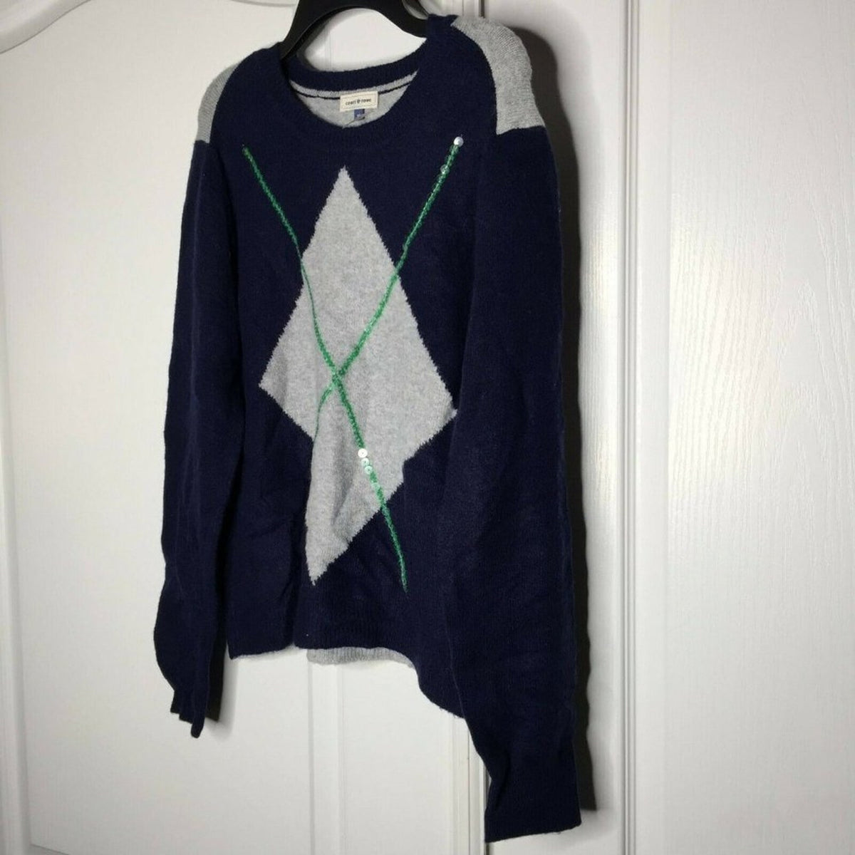 Court & Rowe Pullover Sweater Stretch Argyle Grey Blue Medium Merino Wool NEW
