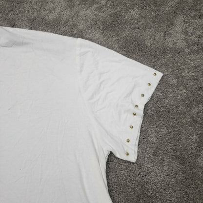 One A Women White/Cream Shirt Top 1X NEW V-neck Gold Stud Trim Short Sleeve Soft