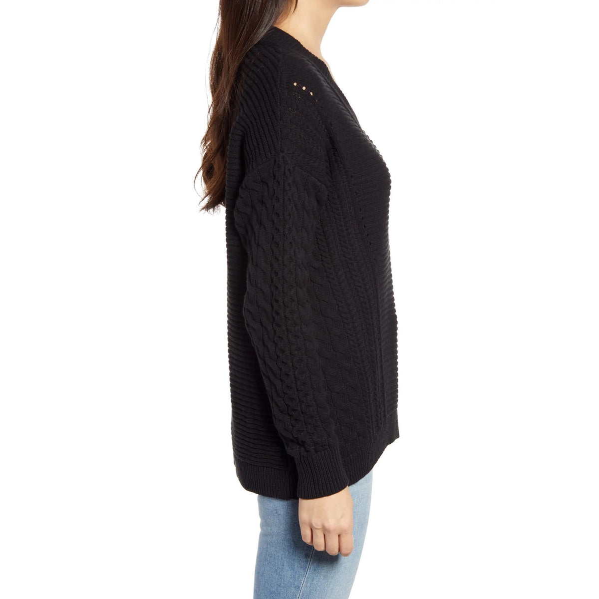 Caslon NWT Black Cable Knit Sleeve V-Neck Ribbed Sweater Size XS