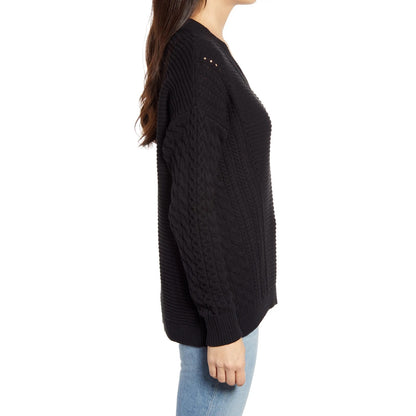 Caslon NWT Black Cable Knit Sleeve V-Neck Ribbed Sweater Size XS
