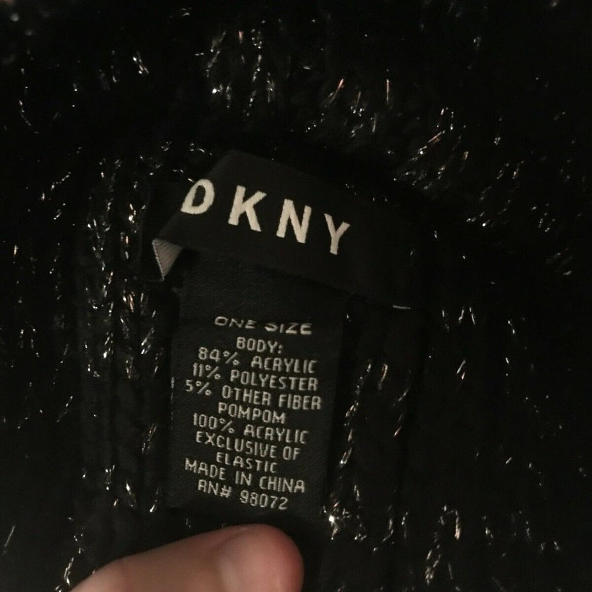 DKNY NEW Flat Stud Metallic Ribbed Black Pompom Beanie Hat Winter GIFT PRESENT
