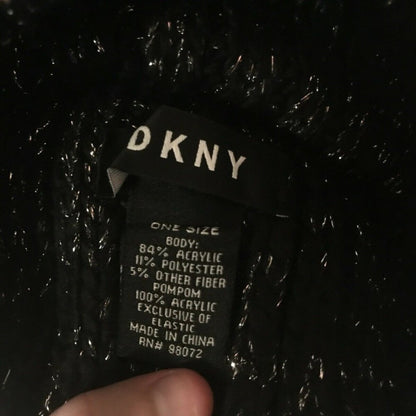 DKNY NEW Flat Stud Metallic Ribbed Black Pompom Beanie Hat Winter GIFT PRESENT