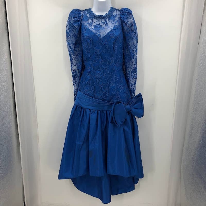 Vintage Blue 1980s High Low Lace Taffeta Dress Side Bow Crinoline 10 Long Sleeve