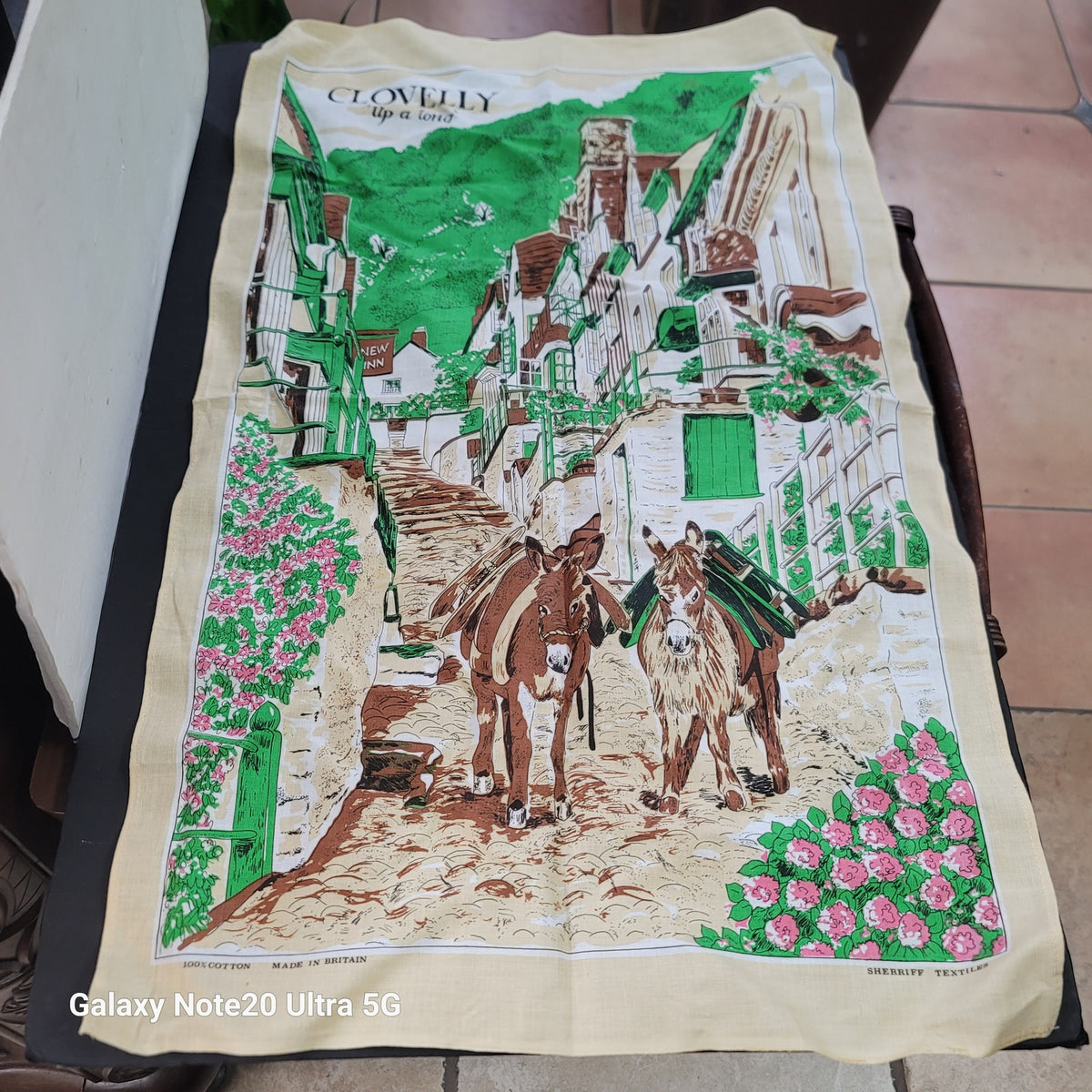 Vintage Down-A-Long Clovelly Linen Tea Towel Kitschy Donkey Souvenir England