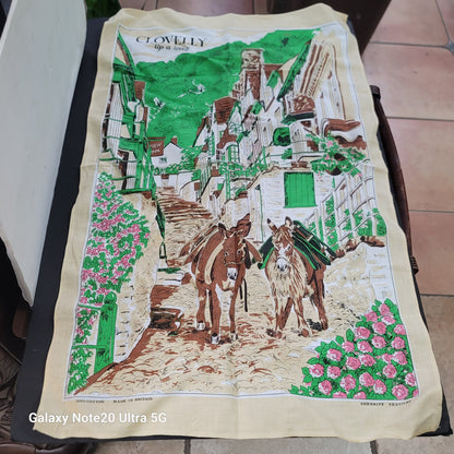 Vintage Down-A-Long Clovelly Linen Tea Towel Kitschy Donkey Souvenir England