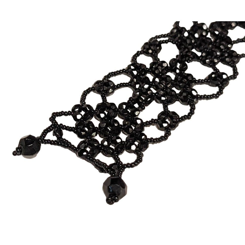 Vintage Glass Beaded Open Work Net Cuff Bracelet Black Button Closure 6"