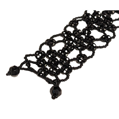 Vintage Glass Beaded Open Work Net Cuff Bracelet Black Button Closure 6"