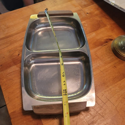 Vintage Mid Century Modern Danish Selandia Double Tray Stainless Steel & Wood