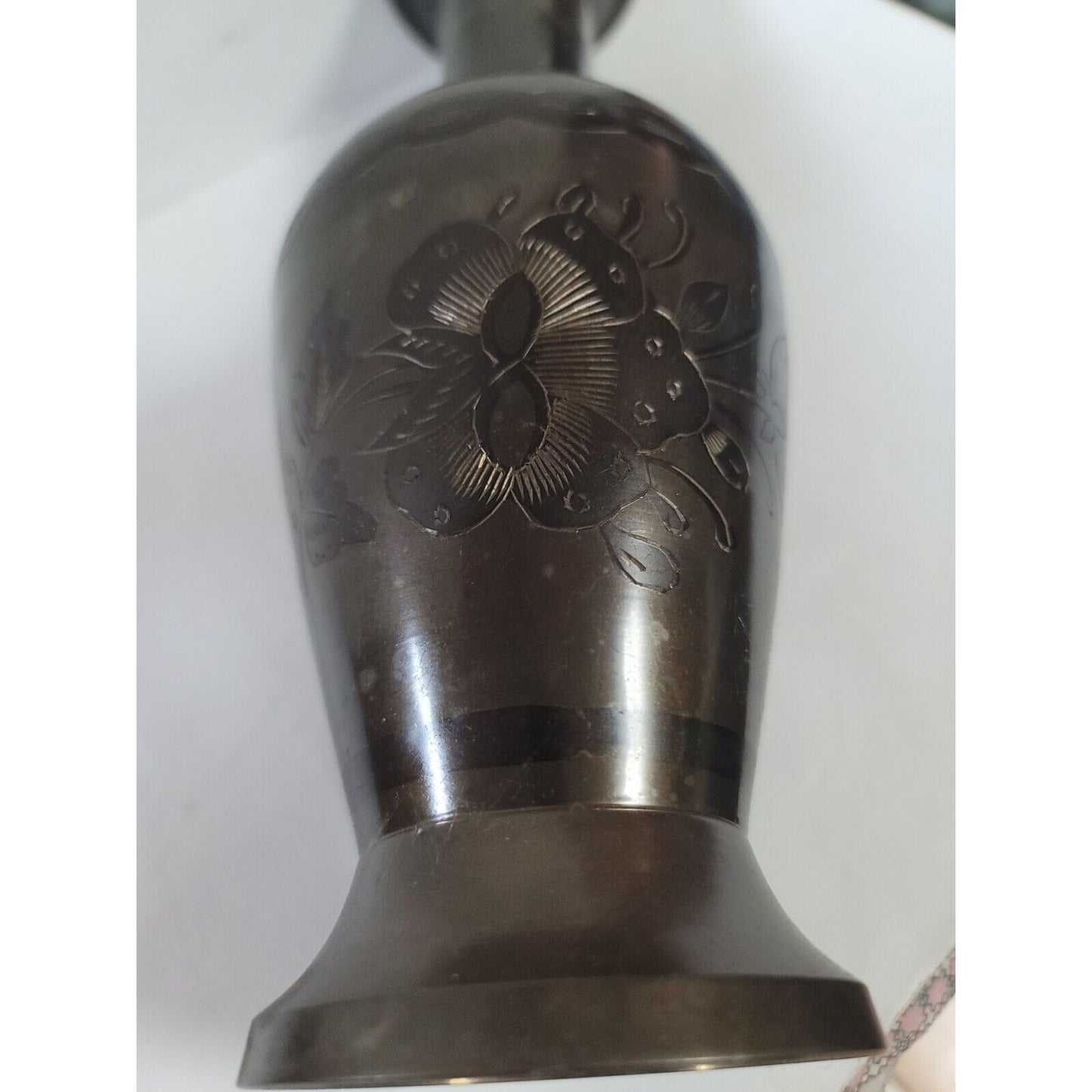 Vintage Solid Brass Flared Vase Made In India Engraved Floral Design 12.5” Tall