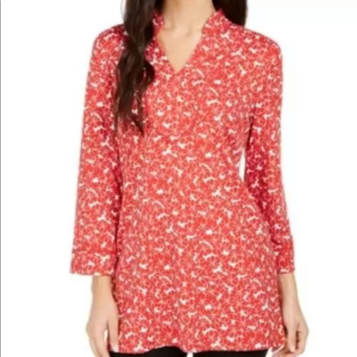 Charter Club Floral Print Split Neck Tunic Small  Red Long Sleeve Casual Spring