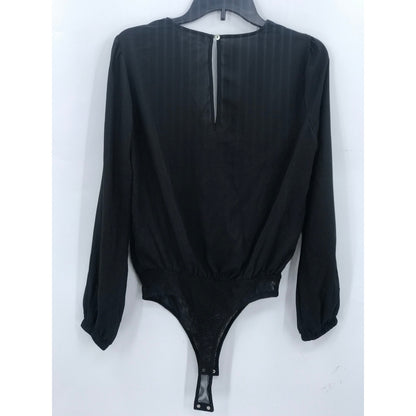 Socialite Lace Trim V-Neck Black Bodysuit XS extra small long sleeve NEW Snap
