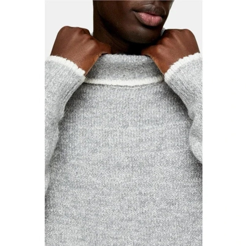 Topman Men's Tipped Roll Neck Sweater Large Heather Gray NEW Turtleneck Modern