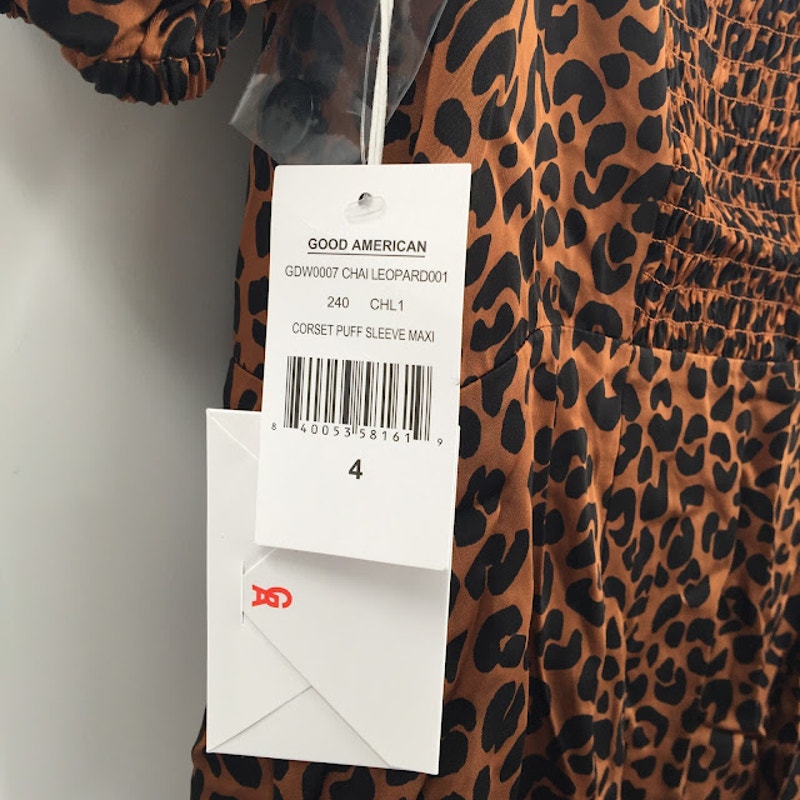 Good American Leopard Print Dress Corset Puff Sleeve Maxi Size 4 NWT