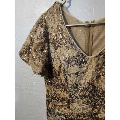 Alex Evenings Long Formal Sequin Dress Short Flutter Sleeve Size 16 Taupe NWT