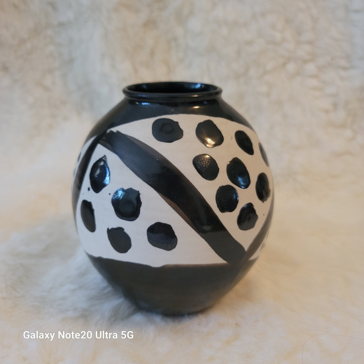 Jan Valerie Art Pottery Black White Spots stripes Vintage Monochromatic Vase