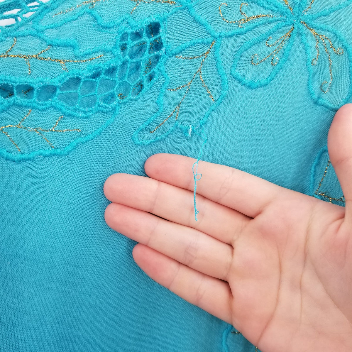 Vintage Blue Teal Coverup Dress Embroidery short sleeve 1980's Medium