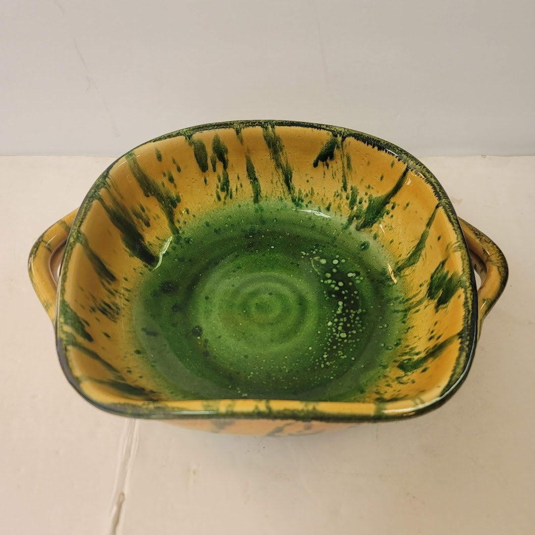 VINTAGE Majolica Art Pottery Italian Serving Bowl yellow green Drip Glaze Italy