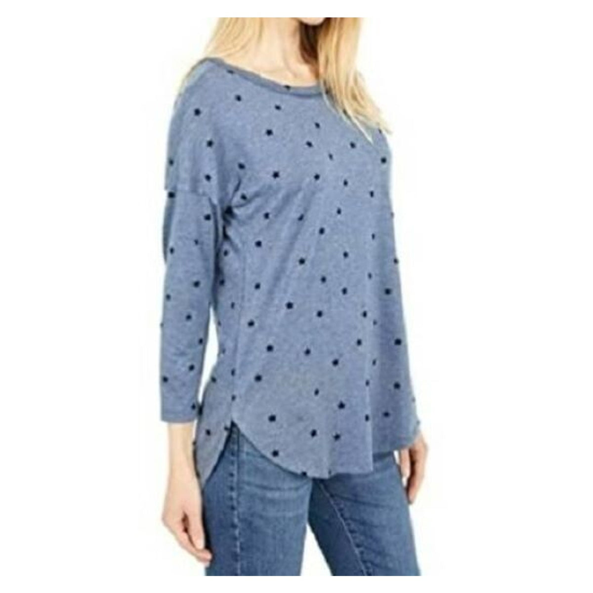 Bobeau Three Quarter Sleeve Star Top Sz Small Heather Denim Blue NWT Curved Hem