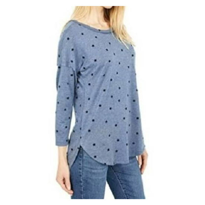 Bobeau Three Quarter Sleeve Star Top Sz Small Heather Denim Blue NWT Curved Hem