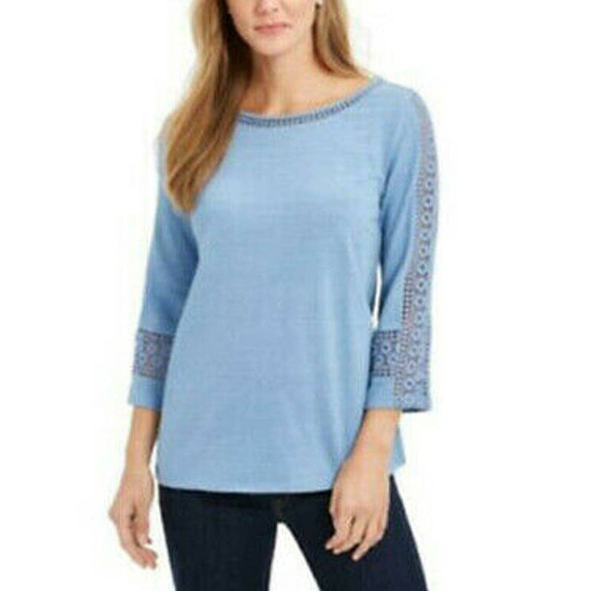 Charter Club Crochet-Inset Top Blouse 3/4-Sleeves Crew Neck Blue Size X-Small