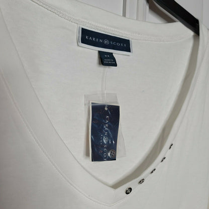 Karen Scott Cotton V-Neck Top Pullover Button Embellish Bright White Size 2X