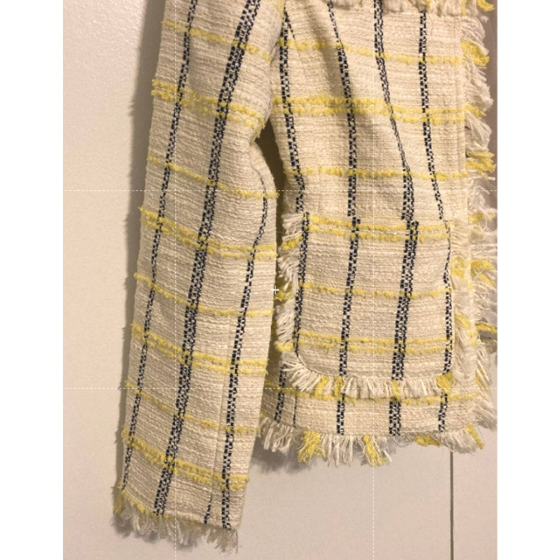 Halogen Estelle Tweed Fringe Plaid Jacket XXSP / 2XS Petite in Ivory Navy NWT