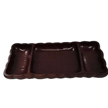 Vintage Solid Hardwood 3 Section Serving Tray Rectangular 14-3/4" Carved Walnut