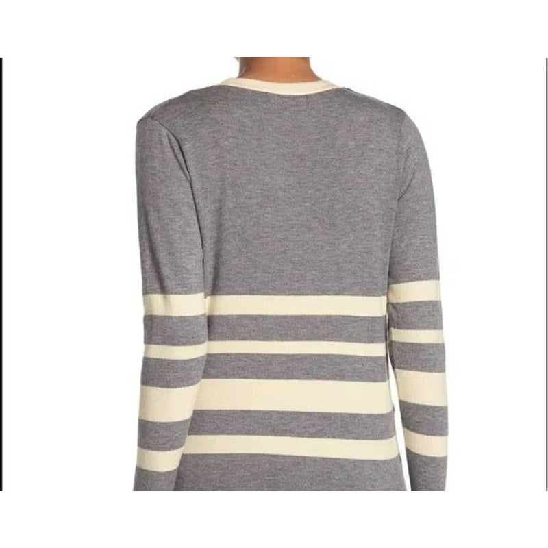 Cotton Emporium Womens Cardigan Sweater Medium Grey/Cream Stripe NEW Lightweight