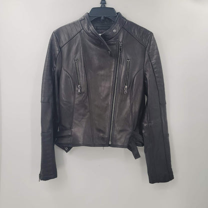 Cache Womens Large Leather Moto Jacket Coat Cheetah Print Lined Full Zip black