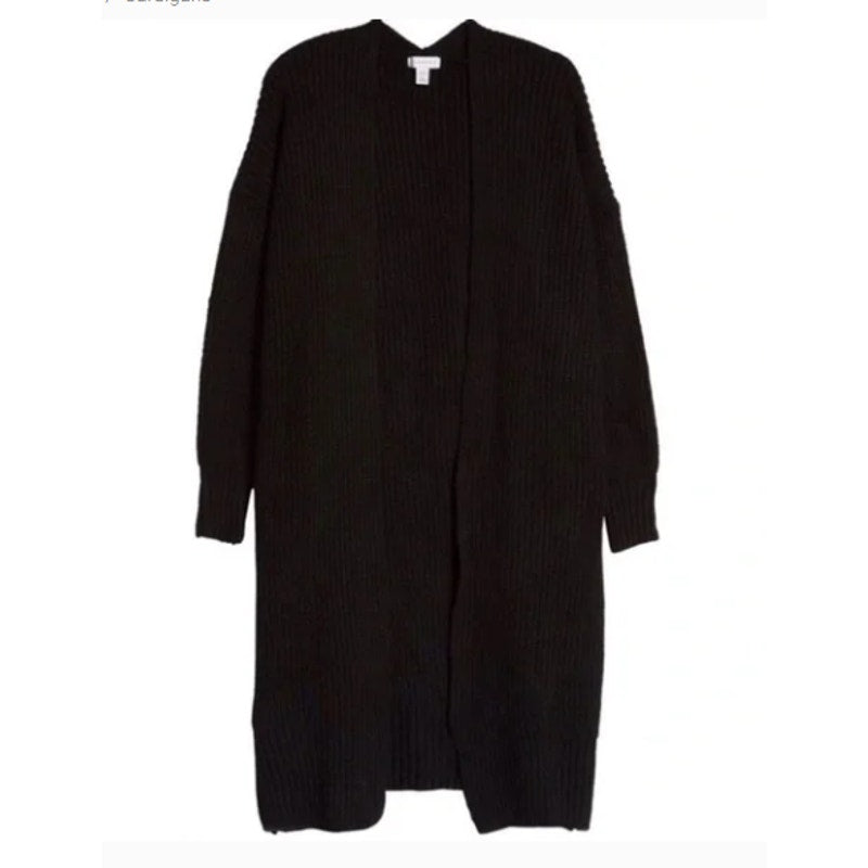 TOPSHOP Black Rib Trim Open Front Cardigan US 14 Oversized knee length UK-XL