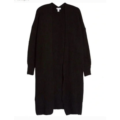 TOPSHOP Black Rib Trim Open Front Cardigan US 14 Oversized knee length UK-XL