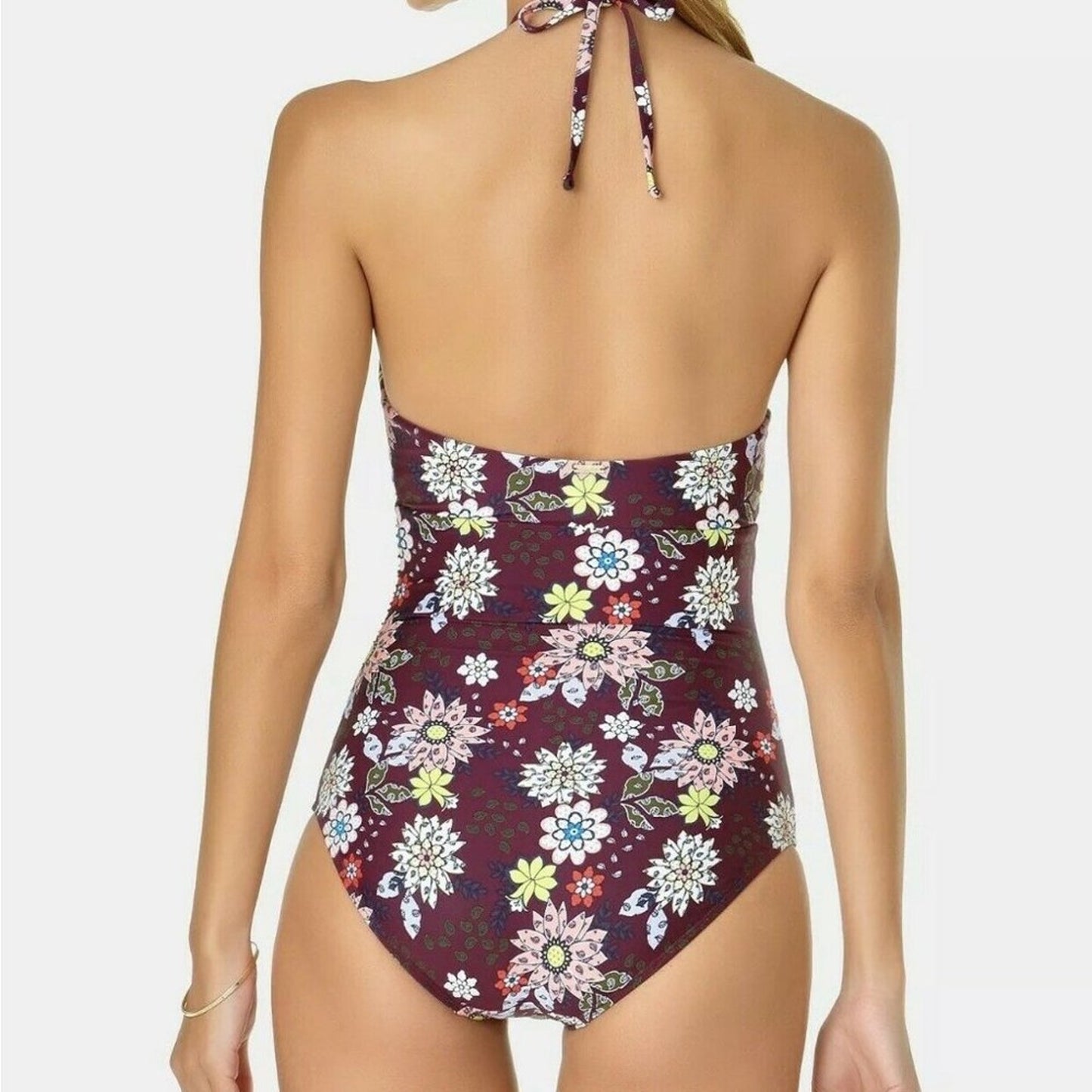 Anne Cole Shirred Front Keyhole Highneck One Piece Wine Floral Size 12 halter
