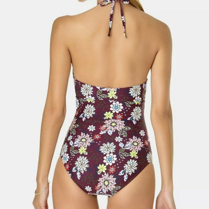 Anne Cole Shirred Front Keyhole Highneck One Piece Wine Floral Size 12 halter