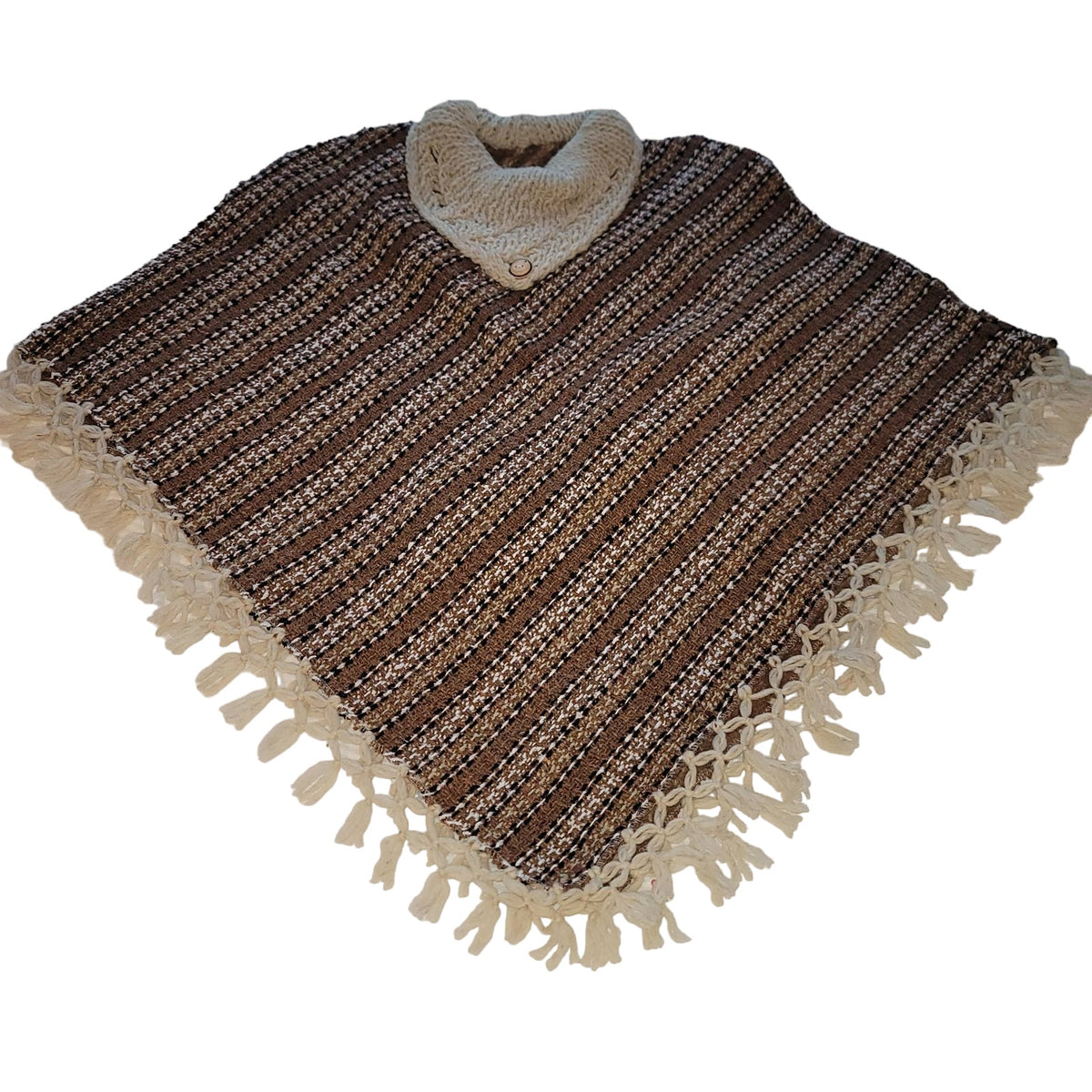 Handmade heavy poncho fringe wood button Winter One Size Multicolor Wool Cotton
