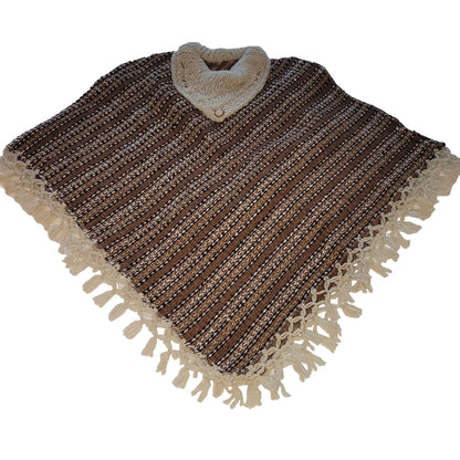 Handmade heavy poncho fringe wood button Winter One Size Multicolor Wool Cotton